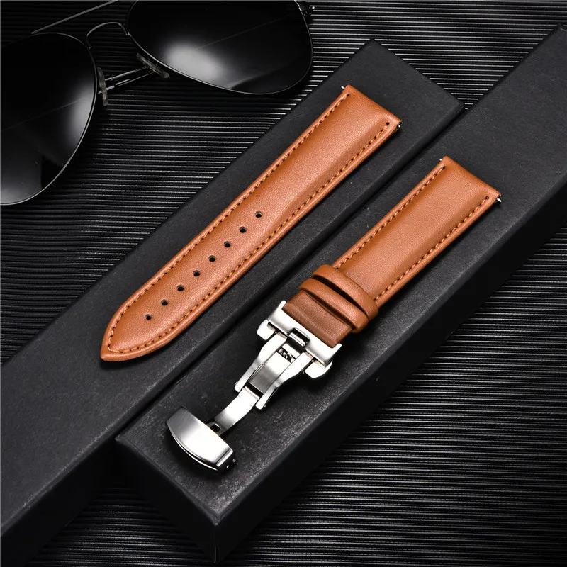 Business Casual skóra cielęca Watchband 18mm 20mm 22mm 24mm paski z solidną automatyczną klamrą motyl pasek do zegarka w formie bransolety