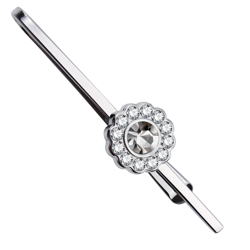 HAWSON New Arrival Crystal Flower Tie Clip Men's Silver Plated 2 Inch Tie Bar Fashion Rhinestone Tie Accessory for Formal Shirts