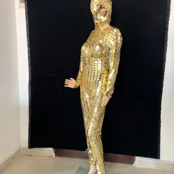 Full Mirror Celebrate Outfit Performance Clothing Sexy Sparkly Silver gold Sequins Women Jumpsuit Gloves Nightclub Dance Wear