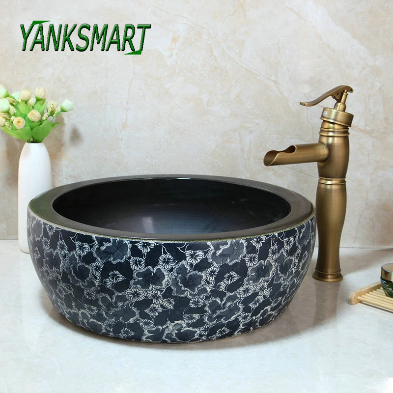 

YANKSMART Ceramic Round Bathroom Counter Top Washbasin Antique Brass Faucet Set Deck Mounted Cold & Hot Water Mixer Tap Kit