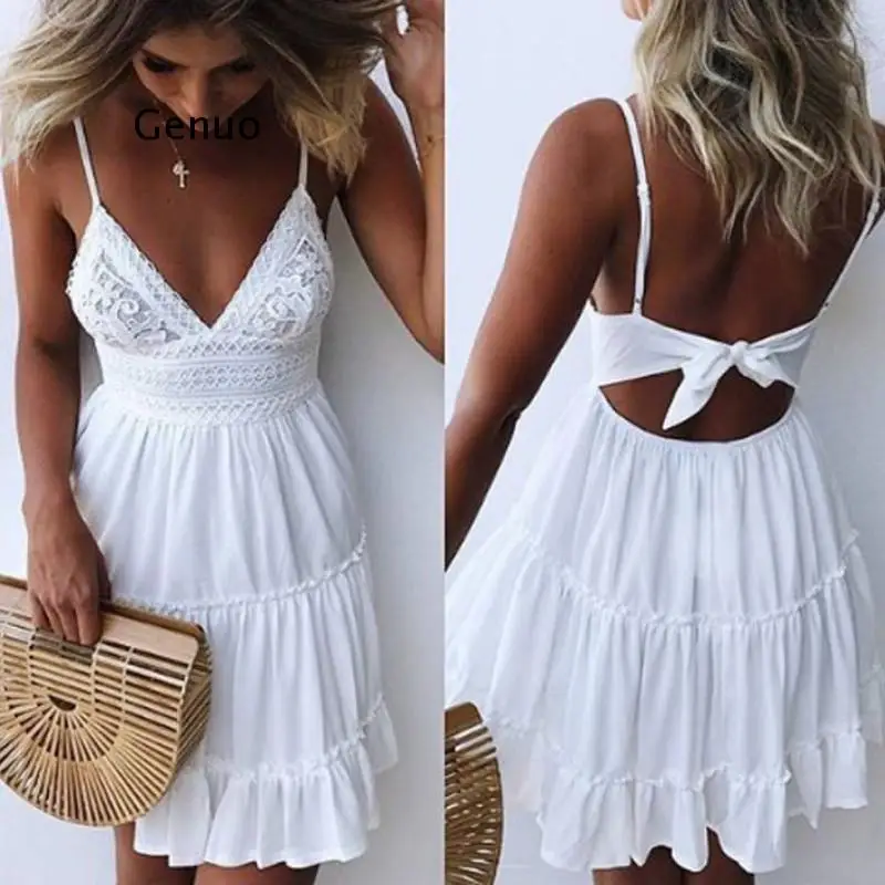 Summer Women Summer Dress Sexy Bow Backless V-Neck Mini Beach Dresses Sleeveless Mini Ruffle White Summer Beach Dress