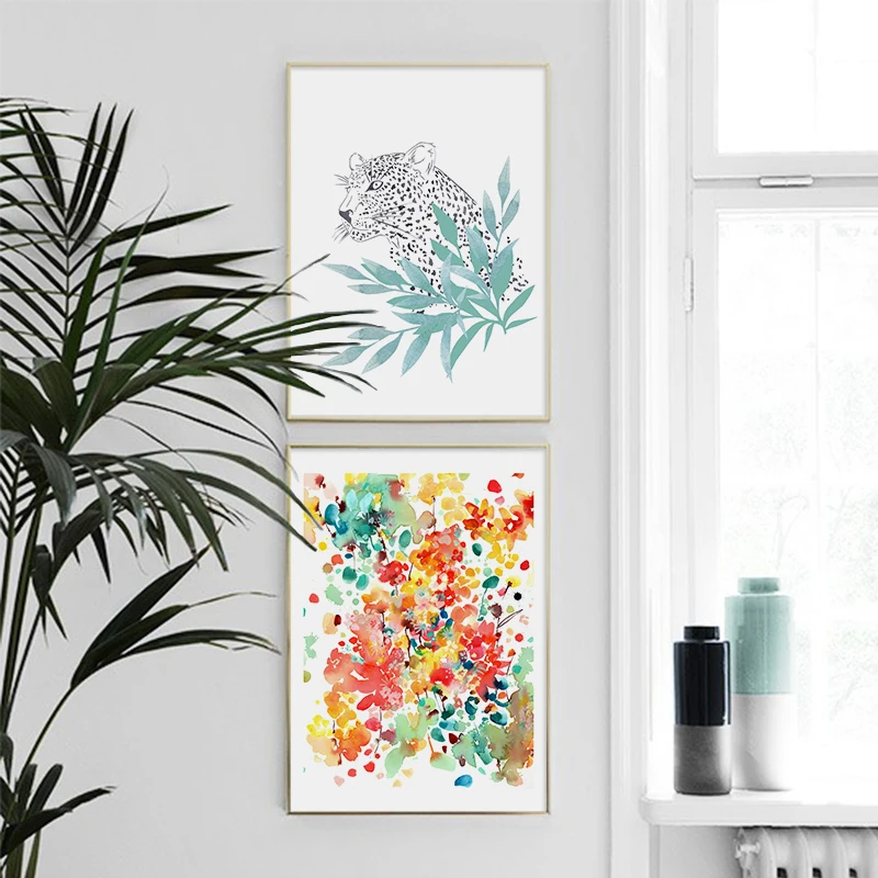 

Boho Colorful Tiger Tree Green Leaf Flower Floral Poster Wall Art Canvas Prin for Home Decor Dorm Abstract Color Watercolor