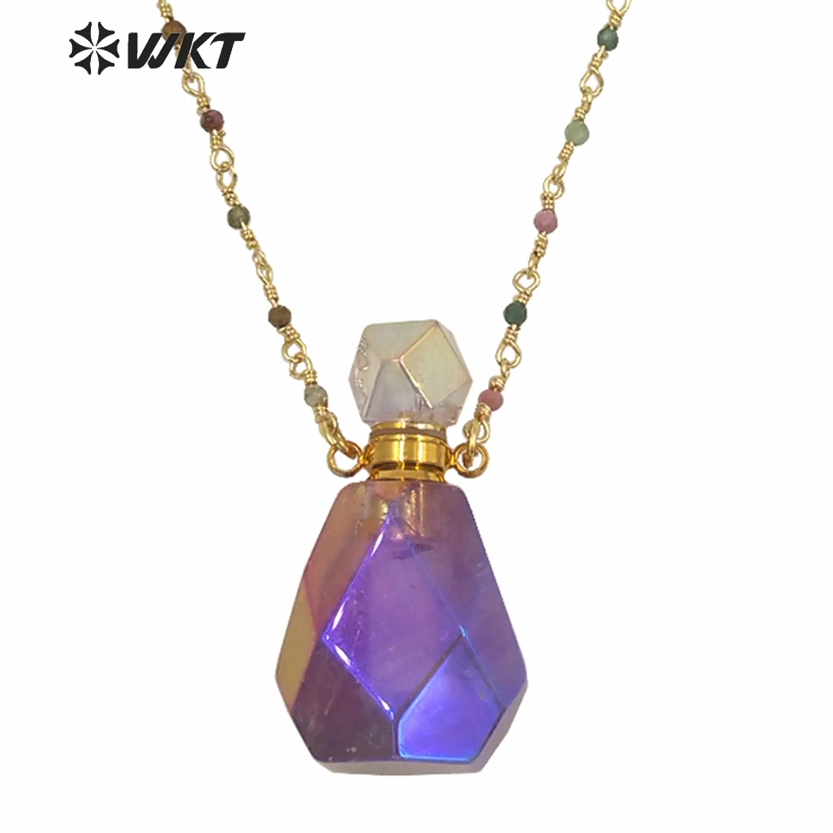 

WT-N1236 Amazing Gorgeous Light Purple Titanium Coated Natural Stone Perfume Necklace Rosary Beads Bottle Adjustable Decoration