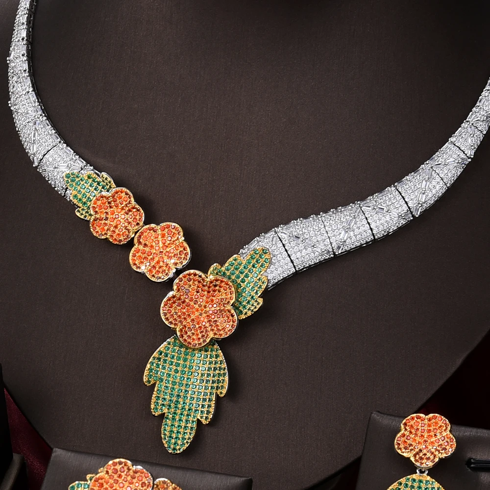 

missvikki Luxury Cute Flower Necklace Bangle Earrings Ring Noble Nigerian Indian Bridal Wedding Full Cubic Zirconia Jewelry Set