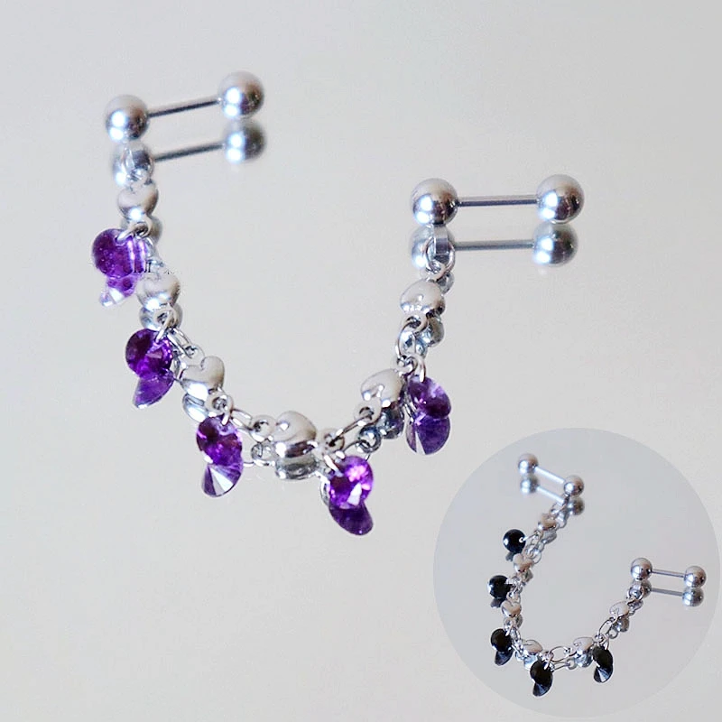 Purple Crystal Heart Surgical Steel Ear Piercing Earrings Lobe Studs Pierc Tragus Cartilage Earring on Helix 16g 20g Korea Chain