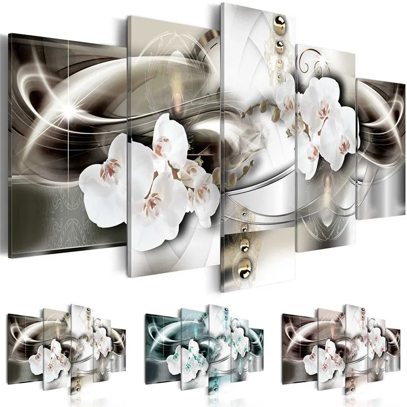 

Modern Painting Canvas 5 Panels White Orchid Flower Poster Decoration Wall Art Picture for Living Room Decor