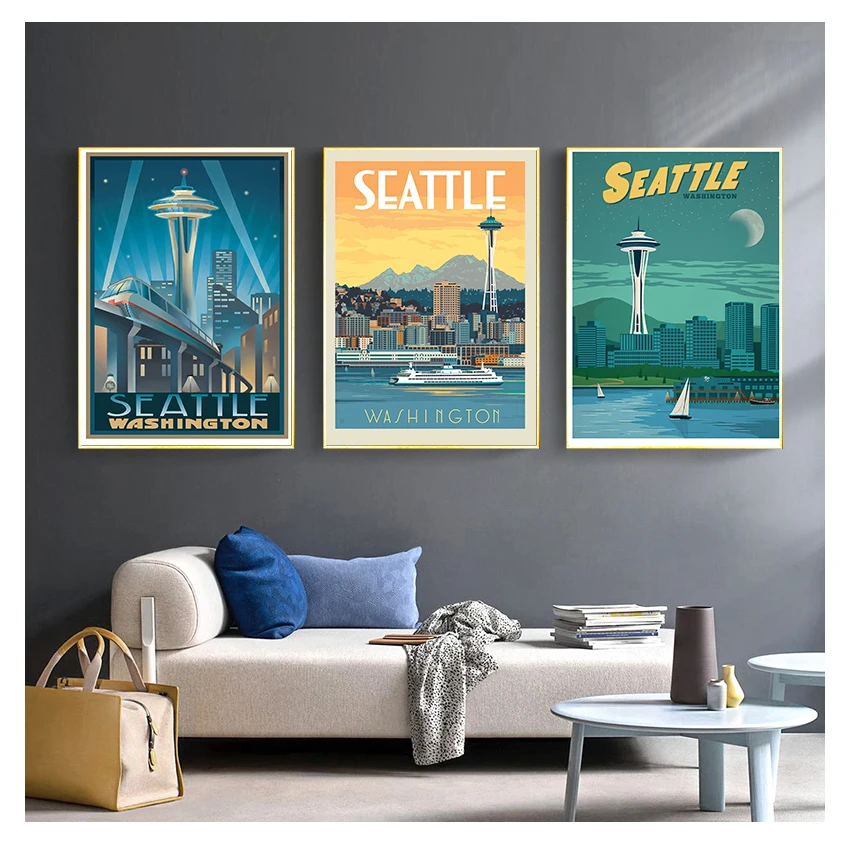 Travel Canvas Paintings Vintage Wall Kraft Posters Coated Wall Stickers Home Decor Gift United States Seattle City Washington