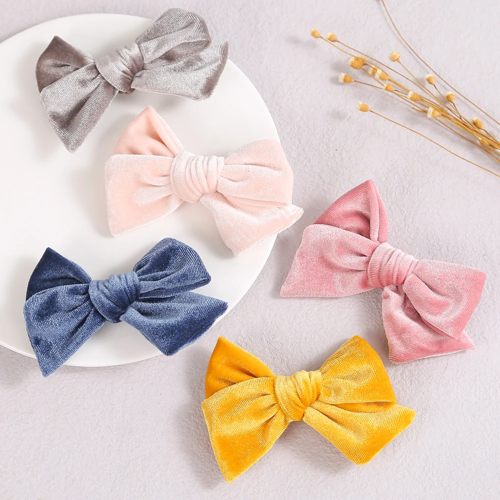 

21 PCS/Lot, 4 inch Soft Velvet Handtied Bow Hair Clips, Baby Girls Velvet Bow Nylon Headbands, Baby Shower Gift