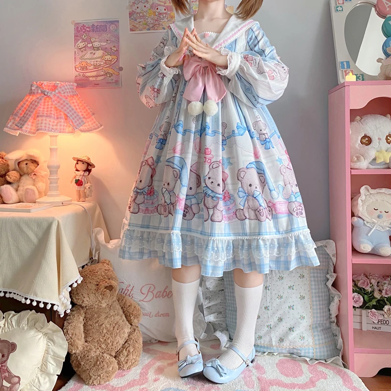 Sweet Lolita Style Japanese Soft Girly Dress Cute Sailor Collar Cartoon Bear Printing Kawaii Bow Full Sleeve Lace Ruffles Dress