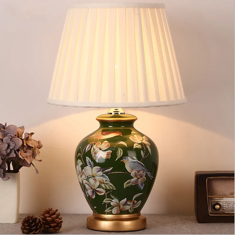 

Chinese rural green flower&bird ceramic Table Lamps traditional Dimmer/Touch switch fabric E27 LED lamp for bedside&foyer MF046