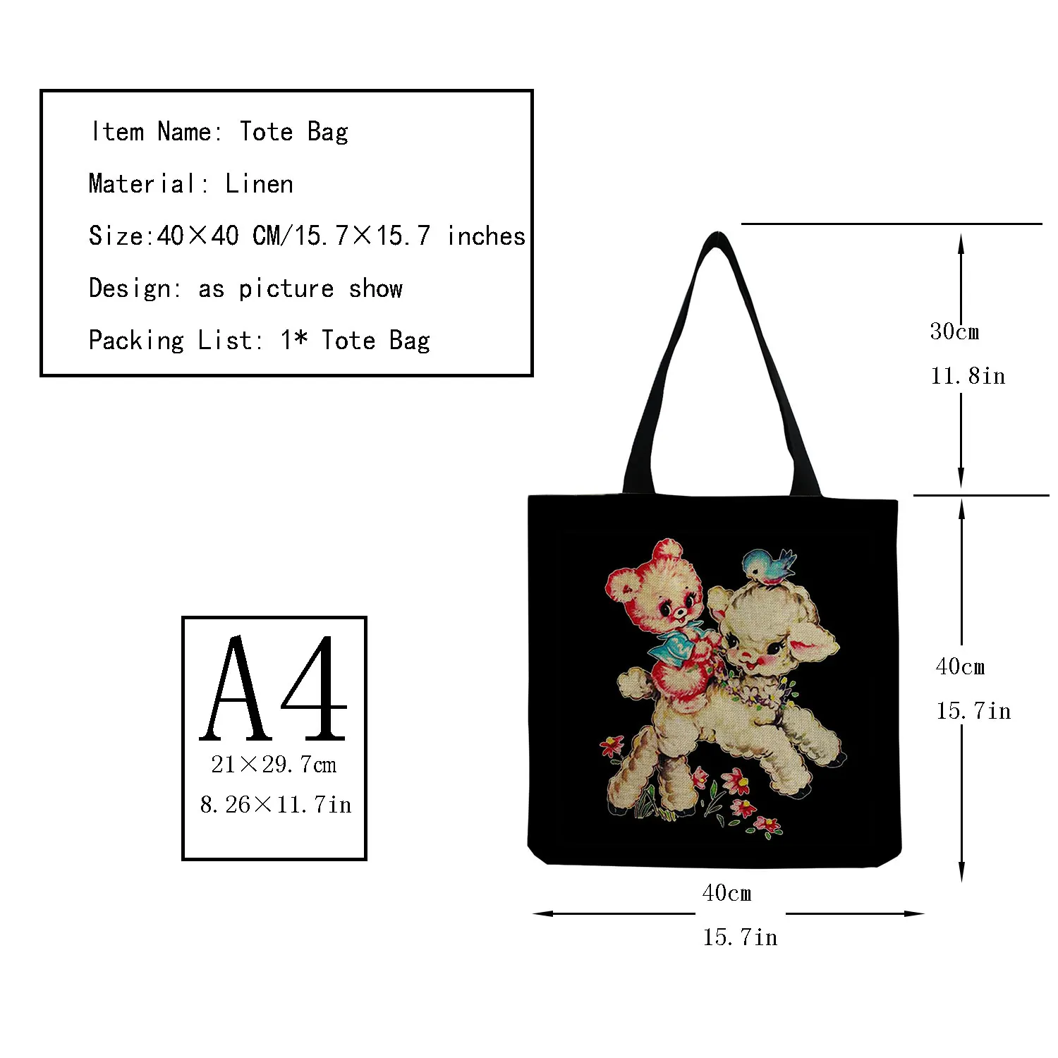 Portable Large Capacity Black Female Shopper Bags Sheep Floral Cartoon Printed Tote Personality Cute Animal Simple Size Handbag