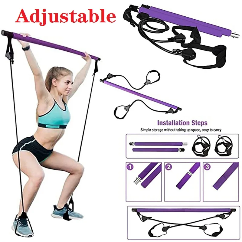 Adjustable Pilates Bar Kit Fitness Sport Home Gym Workout Stick Exercise Yoga Bar with Resistance Band Body Building Puller Rope