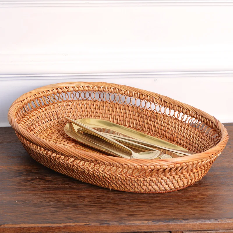 

Eco-Friendly Hand Woven Rattan Basket Food Sundries Organization Reusable Kitchen Organizer Breakfast Display Box Home Decor