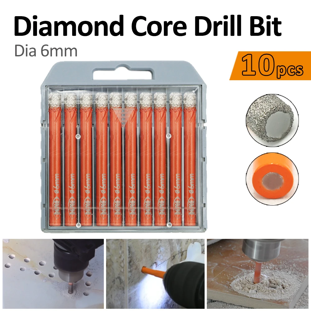 BGTEC 10pcs/set 6mm Round Shank Diamond Drill Bits Ceramic Tile Granite Marble Masonry Dry Working Vacuum Brazed Drilling Bits