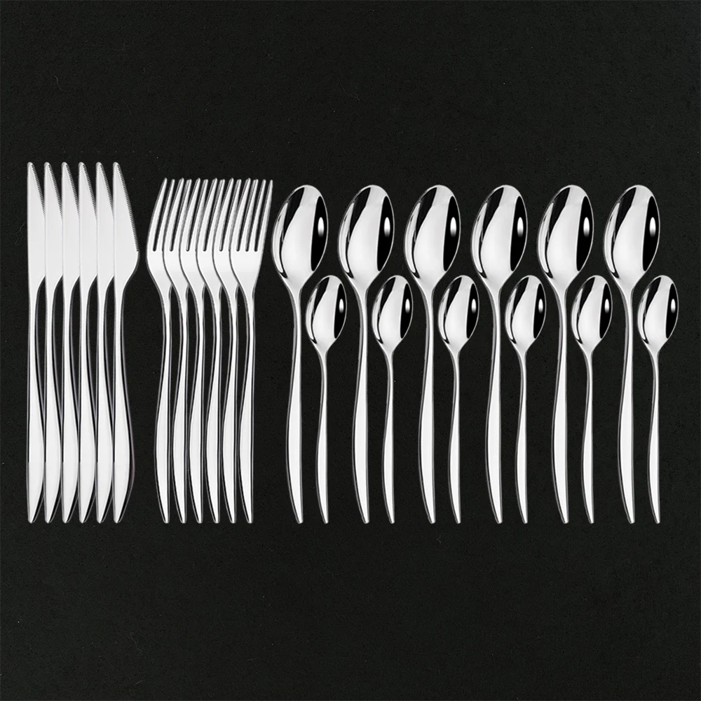 24/48Pcs Silver Shiny Dinnerware Set 304 Stainless Steel Flatware Cutlery Set Dinner Knife Fork Coffee Spoon Upscale Tableware