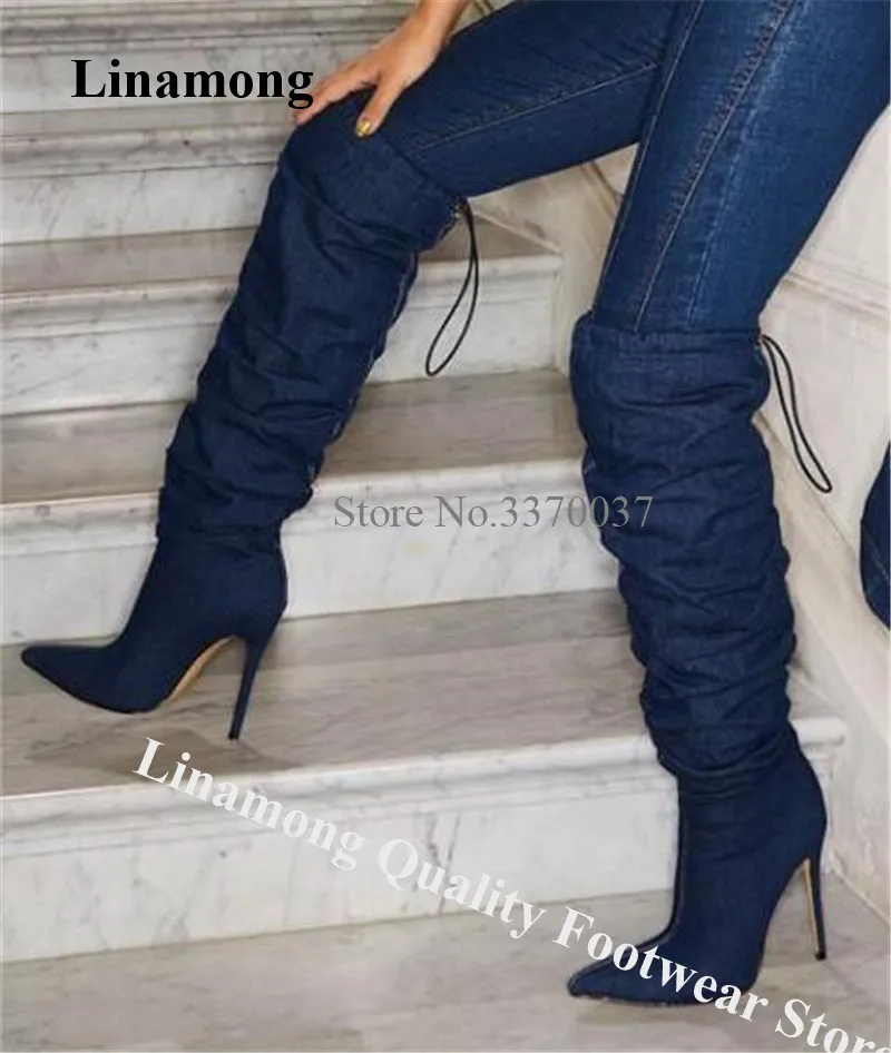 

Linamong Pointed Toe Dark Blue Denim Stiletto Heel Over Knee Gladiator Boots Western Loose Strappy Long High Heel Jean Boots