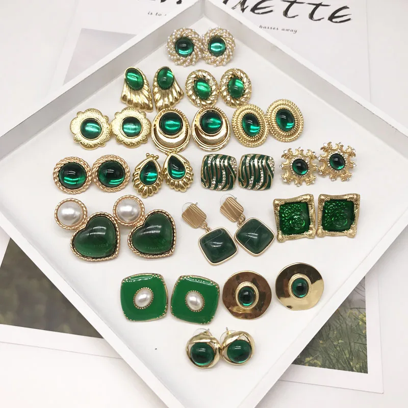 Green Styles Fashion Heart Oval Round Square Heart Wing Geometric Sweet Stud Earring Party Modern Female