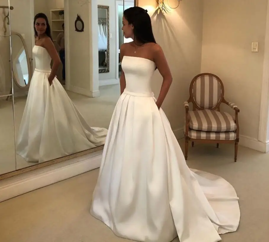 

Simple Boho A-line Wedding Dresses 2019 Strapless Satin Draped Bridal Dress Bow Sashes Vestidos De Noiva Bride Dresses Cheapest