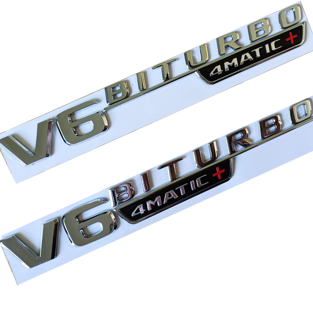 2PCS Emblem for V6 BITURBO_4matic+ Car Styling Fender Badge Double Turbo Sticker Chrome Glossy Black