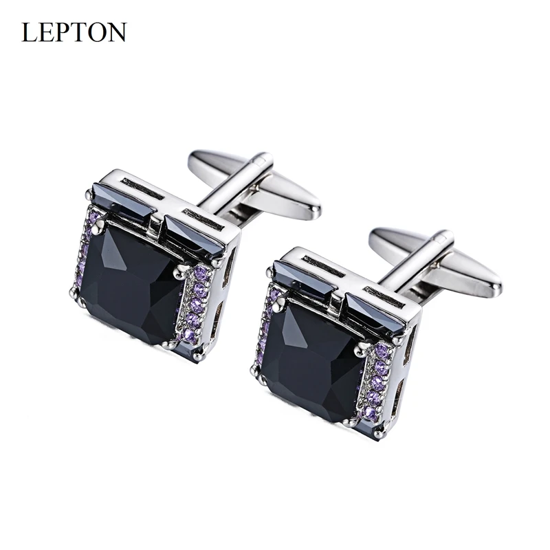 LEPTON Black AAA Zircon Cufflinks High Quality Purple Crystal Cuff links For Mens Groom Wedding Gifts Cufflink Relojes Gemelos