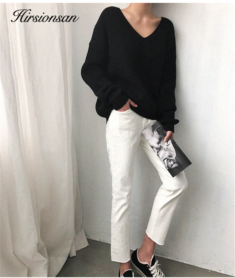 Hirsionsan Thicken Sweater Women 2023 Vintage Minimalist Autumn Winter Sweater Korean Casual Solid Knitted Pullovers V Neck Tops