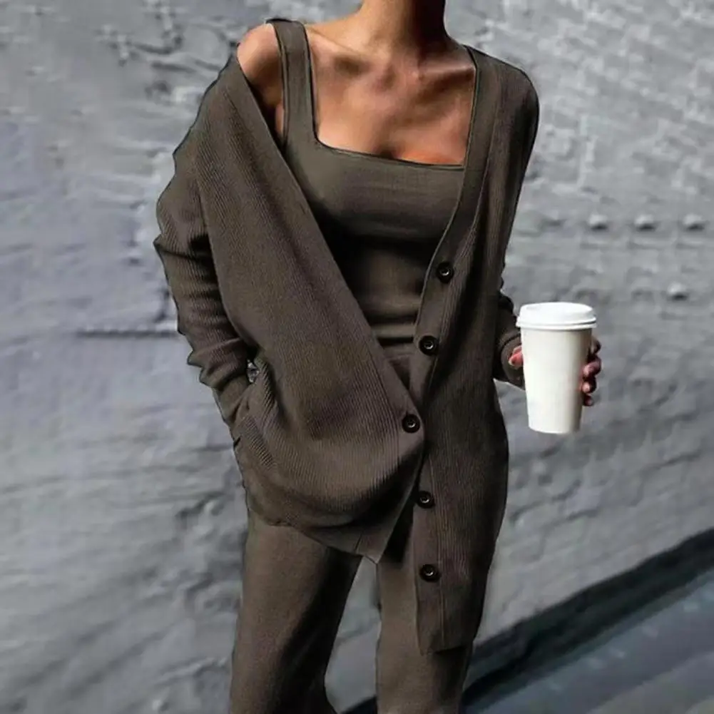 2021 Women Three Pices Set Autumn Winter Knitted Solid Cardigan Tops Tank Top And Casual Loose Long Pants Female Suit Tracksuit