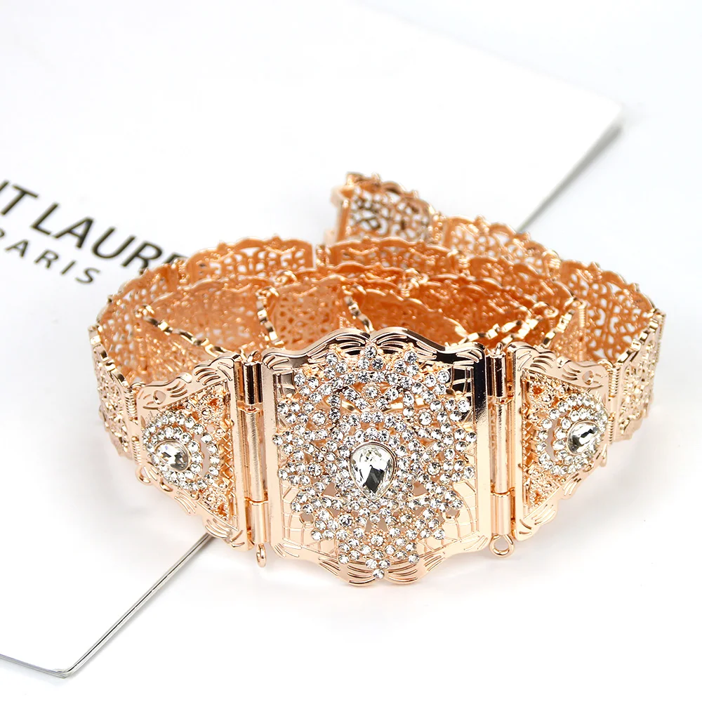 Sunspicems Chic Moroccan Belt for Women Gold Silver Color Rhinestone Waist Chain Adjustable Bridal Caftan Belt Wedding Jewelry