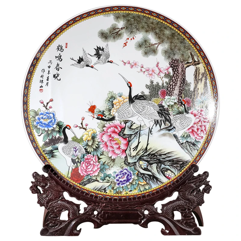 Jingdezhen Ceramic Red-crowned Crane Spring Dawn Hanging Plate  Household Living Room TV Cabinet Decoration