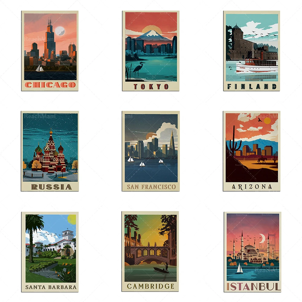 Impresión de carteles de viaje de la ciudad de Tokio, Finlandia, San Francisco, Cambridge, Shanghai, Chicago, Arizona, Rusia, Estambul, Santa Bárbara