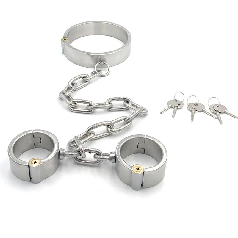 

Round Locks Stainless Steel Neck Collar Handcuffs Sex Toys For Couples Restraints Adult Games Hand Cuffs BDSM Women Tools