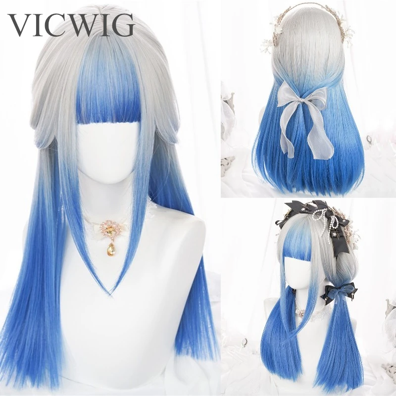 Lolita Grey Ombre Blue Wig Synthetic Long Straight Women Fluffy Wig Heat Resistant for Daily Party Cosplay
