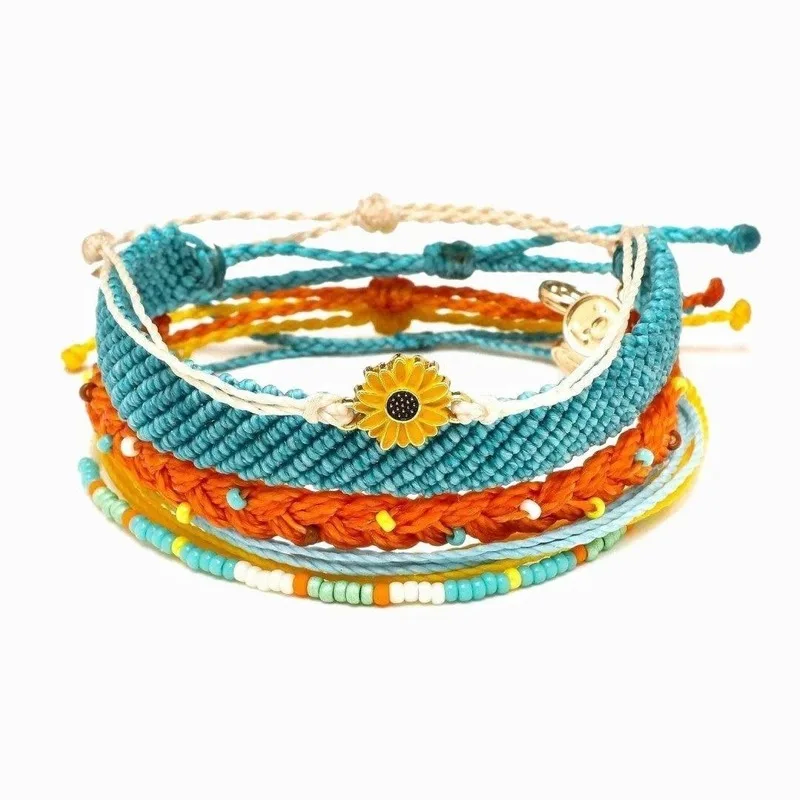 2020 Wholesale Hot Sale Sunflower Wax Cotton Bracelet Set for Women Charm Handmade Small Daisy Rope Jewelry Friendship