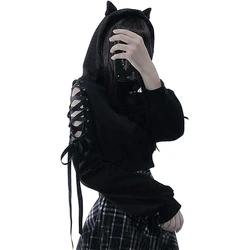 Y2K Women Long Sleeve Hoodies Kawaii Cat Ears Hoodie Gothic Punk Harajuku Style Cold Shouler Drawstring Tops Black Sweatshirts