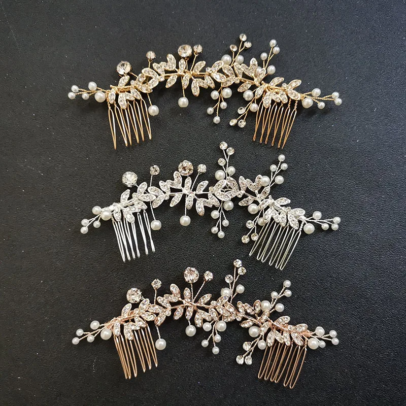 

SLBRIDAL Handmade Crystal Rhinestones Pearls Alloy Leaf Bridal Hair accessories Hair Comb Chain Wedding Headband Women Jewelry
