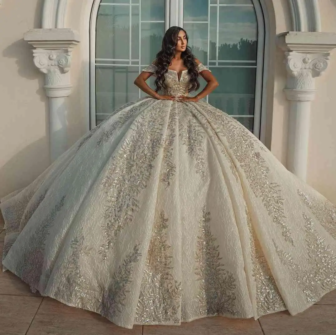 2025 Customized Ball Gown Wedding Dresses Arabic Style Ruffles Sequins Appliques Long Bridal Gown Vestidos De Noiva