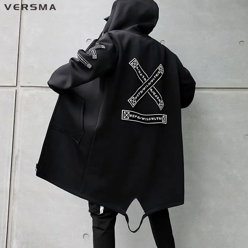 VERSMA Korean Style Clothing Men Ribbon Patch Mens Long Jackets Hip Hop Streetwear Long Gothic Punk Men Trench Coat Dropshipping