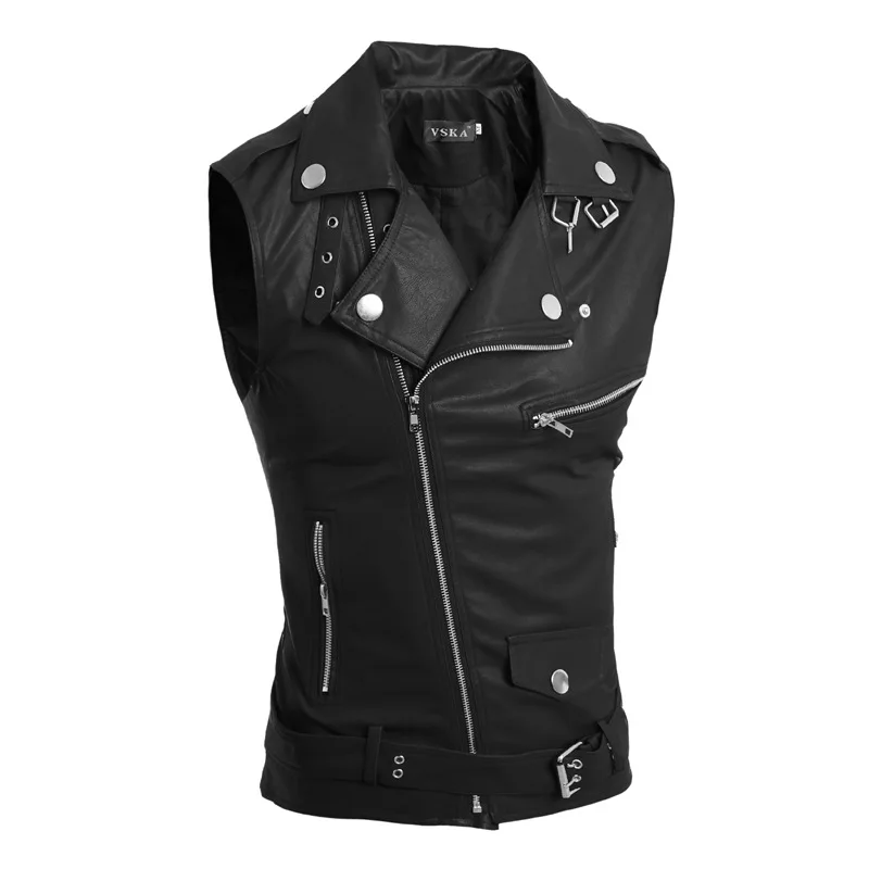 COLDKER Casual PU Men Vest Waistcoat Winter Jacket Turn-Down Vests Thicken Warm Coat Motorcycle Leather Vest for Men