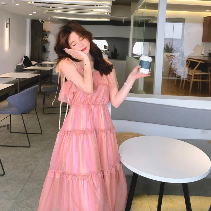 

Style Korean Womens Summer New Fashion Strap Dress Office Lady Sleeveless Pullover Spliced Elegant Mid-Calf Vintage Dress