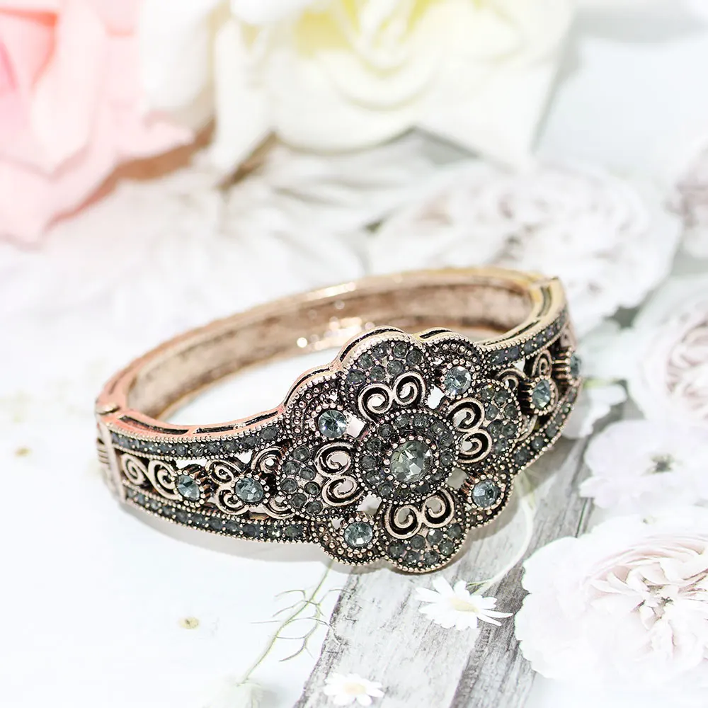 Sunspicems Vintage Gray Rhinestone Turkish Bangle Flower Cuff Bracelet For Women Antique Gold Color Arabic Bride Wedding Jewelry