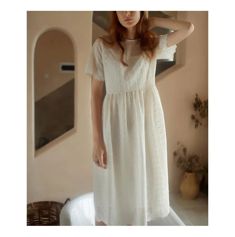 Beige Short-sleeved Chiffon Embroidered Dress Round Neck High Waist Loose Straight Temperament  Long Skirt Summer New Style