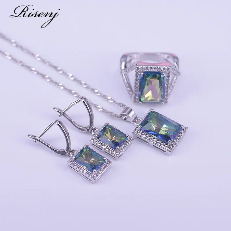 Rinsej Dubai Style Square Rainbow Top Zircon 925 Sterling Silver Jewelry Set Drop Earrings Ring Necklace Set Luxury Set