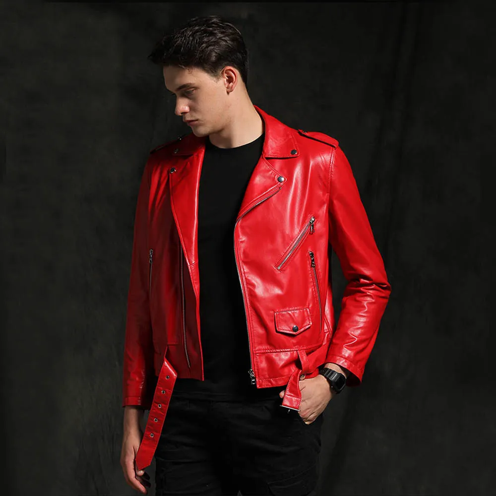 New Fashion Red Sheepskin Genuine Leather Jacket Men Spring Autumn 100% Natural Sheepskin Leather Clothing