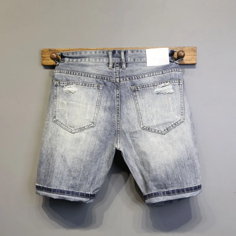 Summer New Hole Slim High Street Casual Denim Shorts Mens Concise Straight Korean Style Fashion Pockets Letter Knee Length