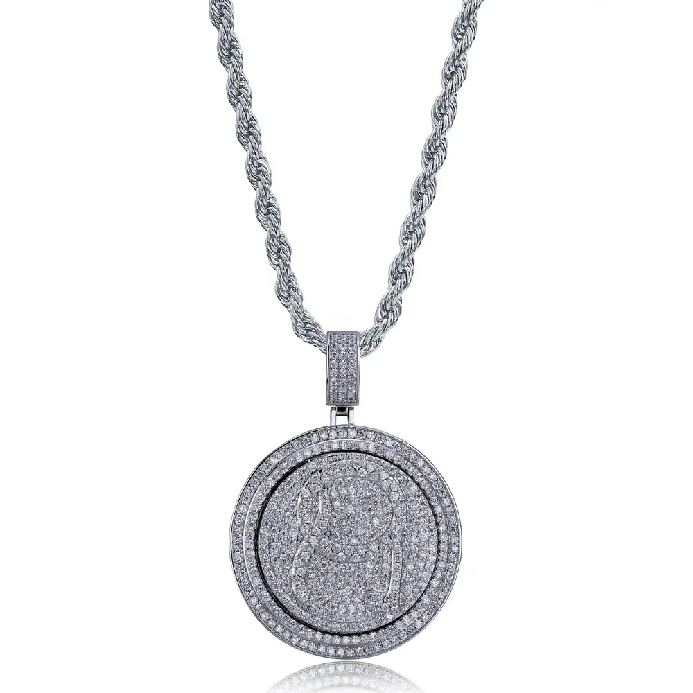 Rotatable Disc Rapper QC Pendant & Necklace 18k Gold Plated Lab Diamond Iced Out Chain Bling Fashion Hip Hop Jewelry