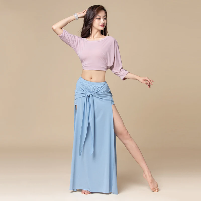 Women belly dance costume practice wear Top Half Sleeve Back Hollow Bandage Skirt Long Set Oriental Performance Elegant Outfit