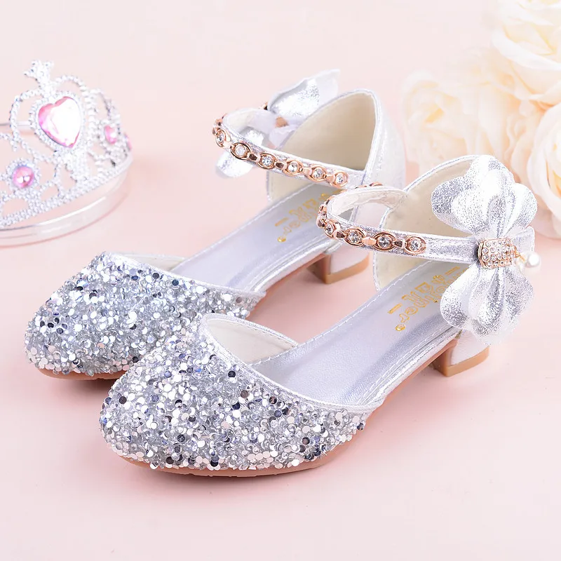 2019 Girls Bow-knot Princess Shoes With High-heeled, Kids Glitter Dance Performance Summer Shoes, Purple , Pink & Silver 26-38