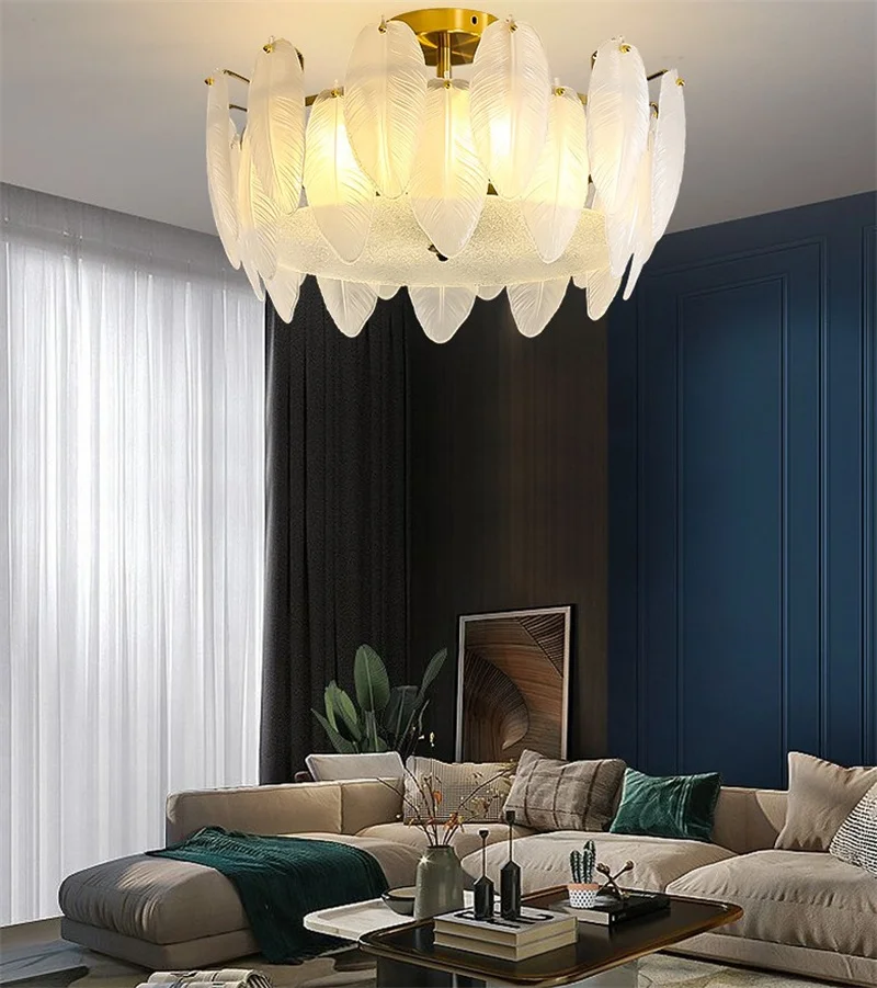 Modern White Glass ceiling Light Goose Feather Shaped Lampshade Lustre Ceiling Suspension Lighting For Home Bedroom Living Room