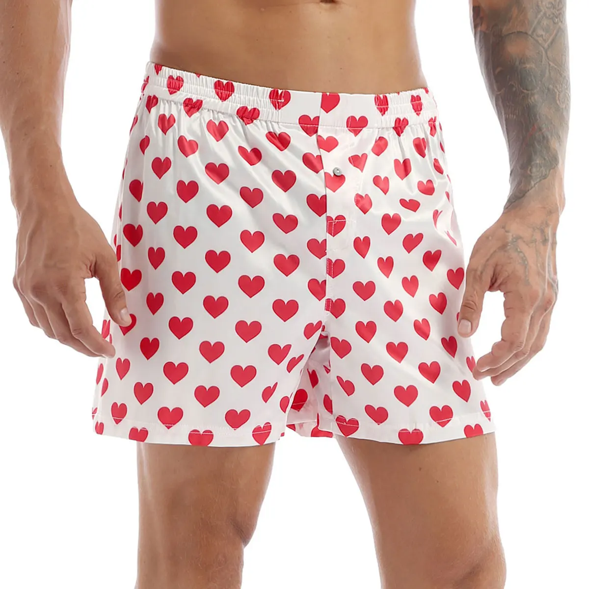 Men Sleep Bottoms Pajamas Shorts Cute Love Heart Print Classic Home Sleeping Beach Wear Boxer Wrestling Sports Loose Underpant