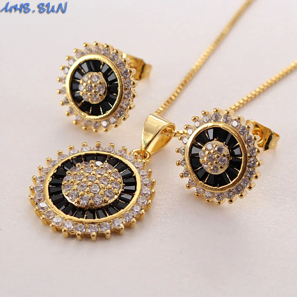 MHS.SUN Newest Round Zircon Pendant Necklace Earrings For Women Jewelry Set Gold/Silver Color Chain Crystal Necklace For Party