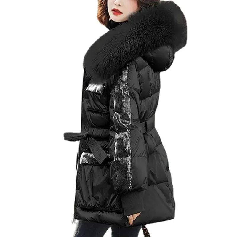 

Winter Female Parkas 90% White Duck Down Jacket Large Real Raccoon Fur Collar Hooded Warm Women's Sequins Feather Coat Outwear